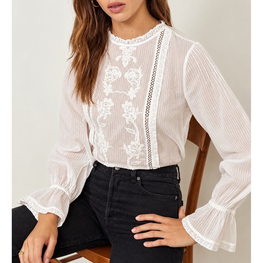 Reformation Top Blouse Bessie Lace Embroidery White size 4